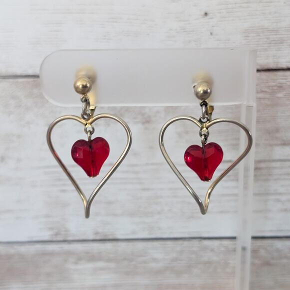 Vintage Avon Clip On Earrings Large Dangle Gold Tone & Red - Tarnished - Picture 1 of 7